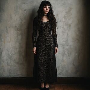 Vtg Velvet Cutout Dress Womens 10P Black Floral Maxi 90s Whimsigoth Fairy Grunge